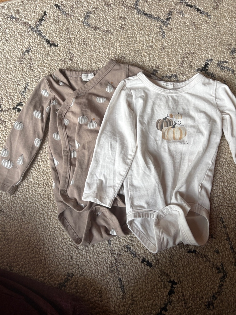 Petit Lem Neutral Pumpkin-Print Long Sleeve One-Piece Bodysuits - Tan & Cream